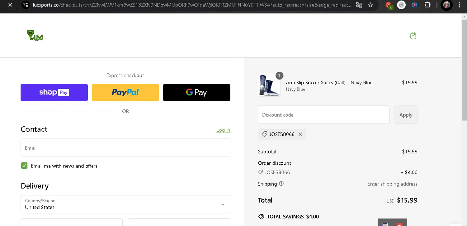 Lux Sports promo code screenshot showing code JOSE58066 applied at Lux Sports checkout page. Uploaded by SimplyCodes community member marie23 on Mar 4, 2025