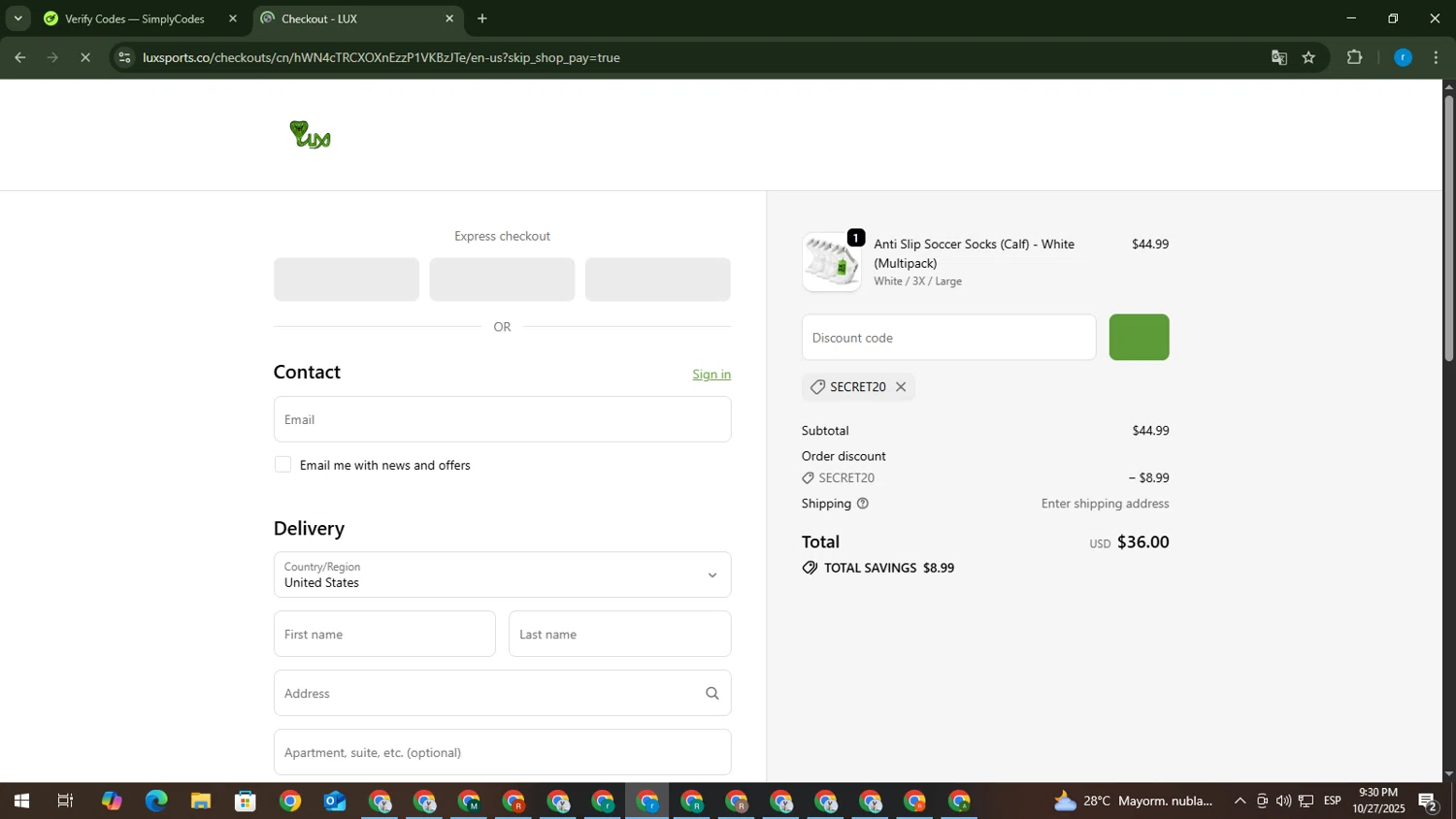 Lux Sports promo code screenshot showing code SECRET20 applied at Lux Sports checkout page. Uploaded by SimplyCodes community member RewardVoyager146 on Oct 28, 2025