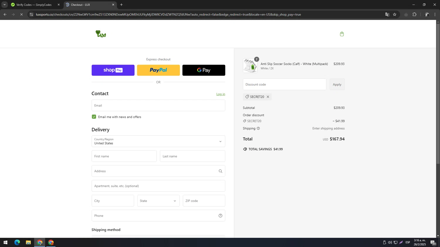 Lux Sports promo code screenshot showing code SECRET20 applied at Lux Sports checkout page. Uploaded by SimplyCodes community member TUNGTUNG on Feb 26, 2025