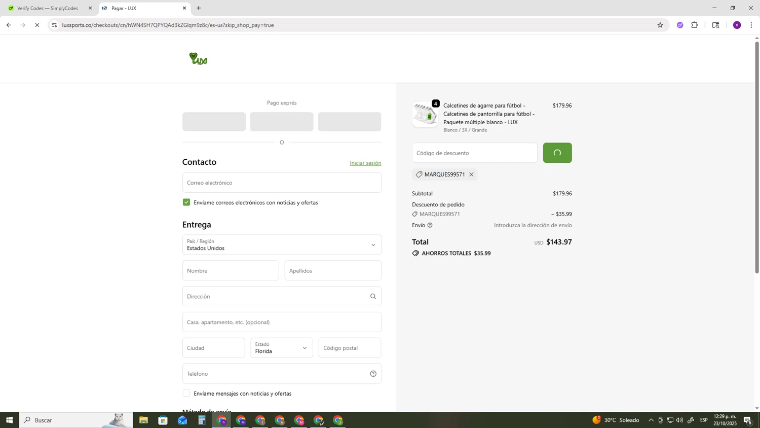 Lux Sports promo code screenshot showing code MARQUES99571 applied at Lux Sports checkout page. Uploaded by SimplyCodes community member AVAMUSTANG on Oct 23, 2025