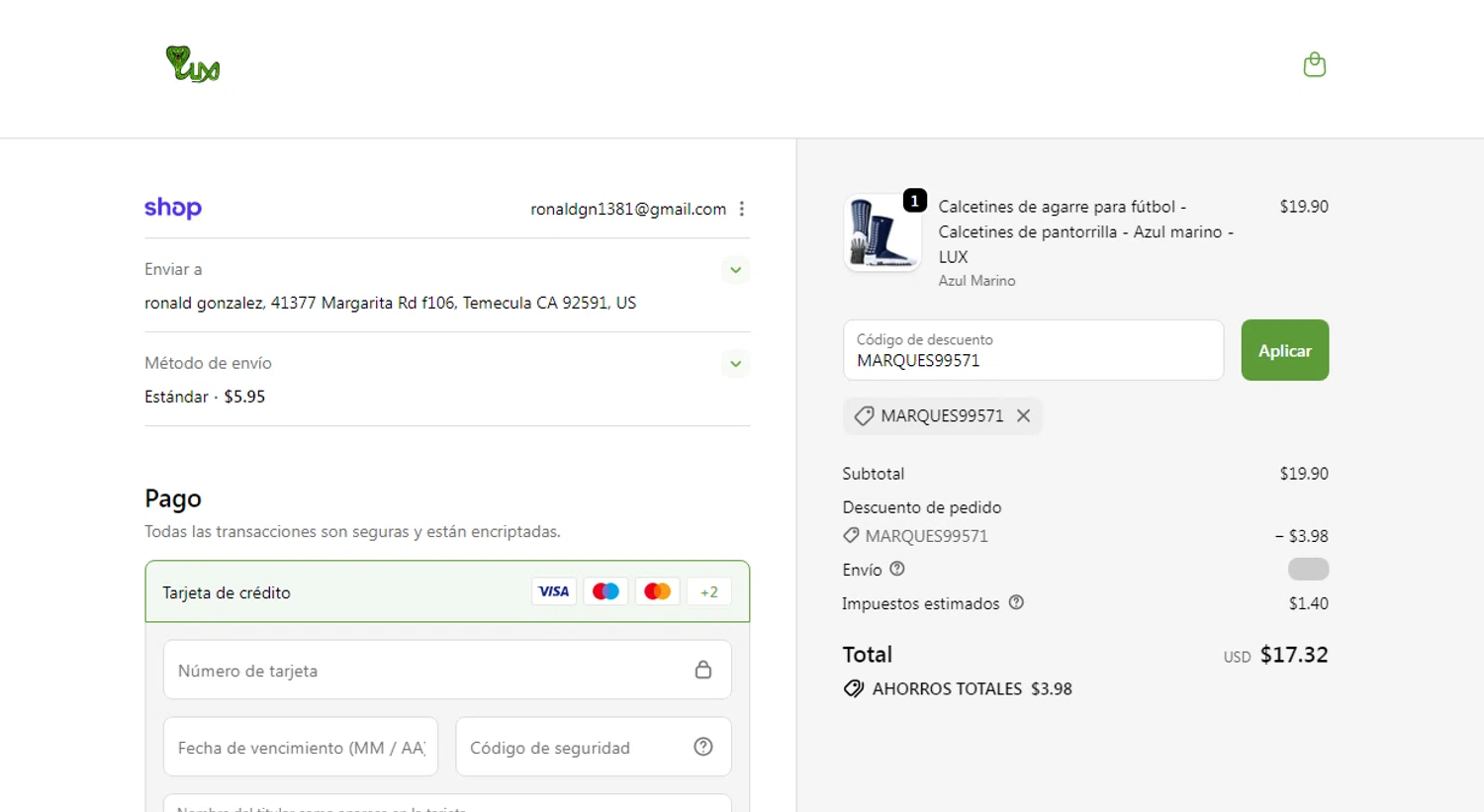 Lux Sports promo code screenshot showing code MARQUES99571 applied at Lux Sports checkout page. Uploaded by SimplyCodes community member Gonzalez010203 on Oct 28, 2025
