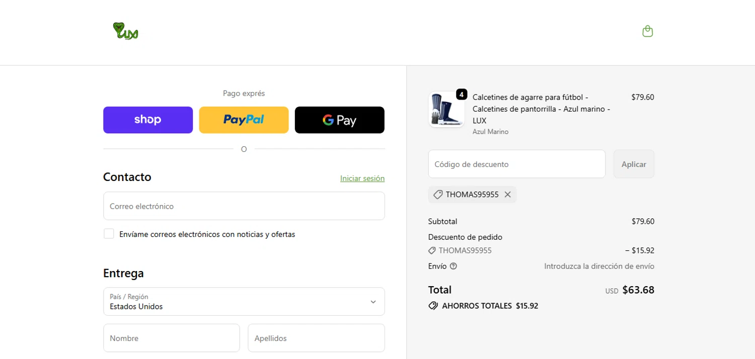 Lux Sports promo code screenshot showing code THOMAS95955 applied at Lux Sports checkout page. Uploaded by SimplyCodes community member MagnificentCurator5441 on Oct 28, 2025
