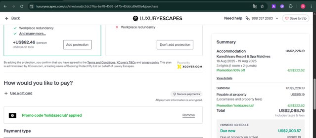 Luxury Escapes checkout page showing Luxury Escapes promo code box | Screenshot taken by SimplyCodes community member on Aug 15, 2025