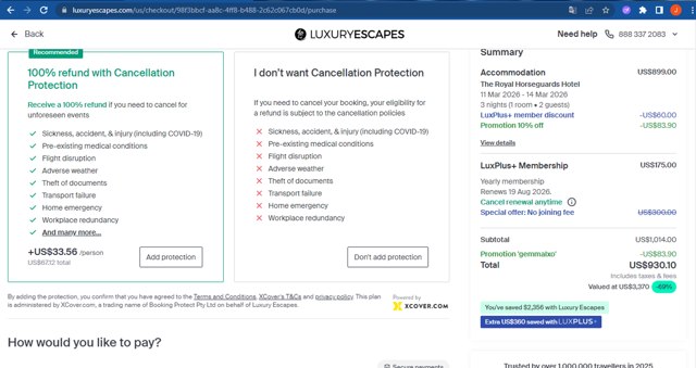 Luxury Escapes checkout page showing Luxury Escapes promo code box | Screenshot taken by SimplyCodes community member on Aug 19, 2025