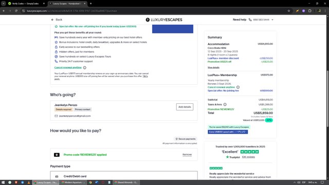 Luxury Escapes checkout page showing Luxury Escapes promo code box | Screenshot taken by SimplyCodes community member on Sep 3, 2025