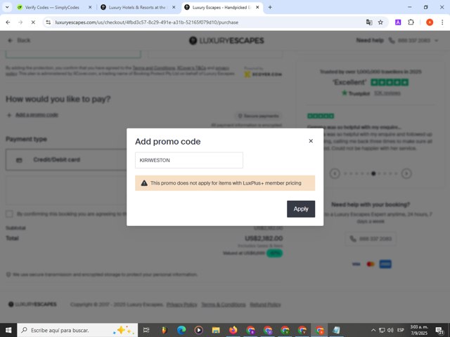 Luxury Escapes checkout page showing Luxury Escapes promo code box | Screenshot taken by SimplyCodes community member on Sep 7, 2025