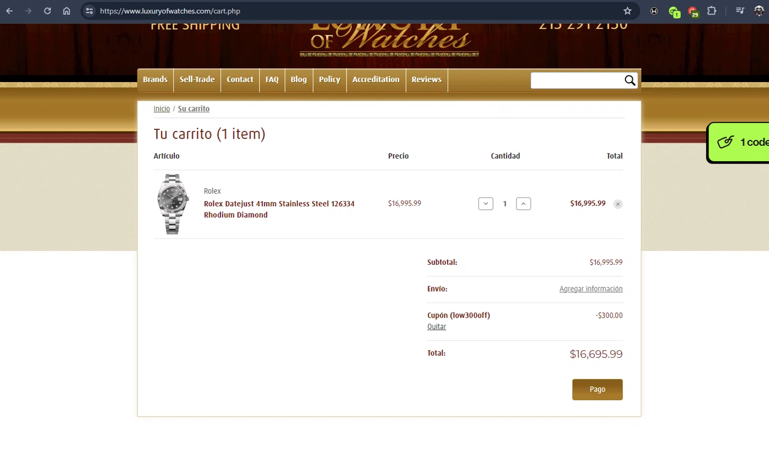 Luxury of Watches checkout page showing Luxury of Watches promo code box | Screenshot taken by SimplyCodes community member on May 17, 2024