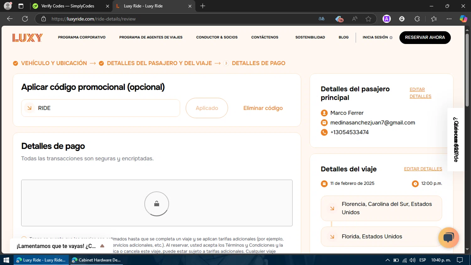 Luxy Ride promo code screenshot showing code RIDE applied at Luxy Ride checkout page. Uploaded by SimplyCodes community member Billy2222 on Feb 10, 2025