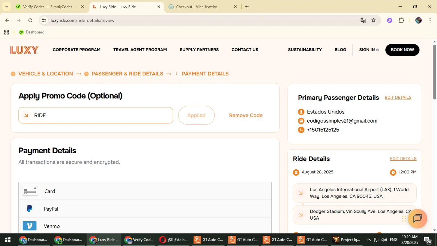Luxy Ride promo code screenshot showing code RIDE applied at Luxy Ride checkout page. Uploaded by SimplyCodes community member Typhlosion on Aug 28, 2025