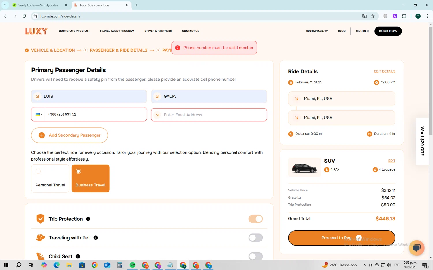 Luxy Ride promo code screenshot showing code RIDE applied at Luxy Ride checkout page. Uploaded by SimplyCodes community member SavvyPro1592 on Feb 10, 2025