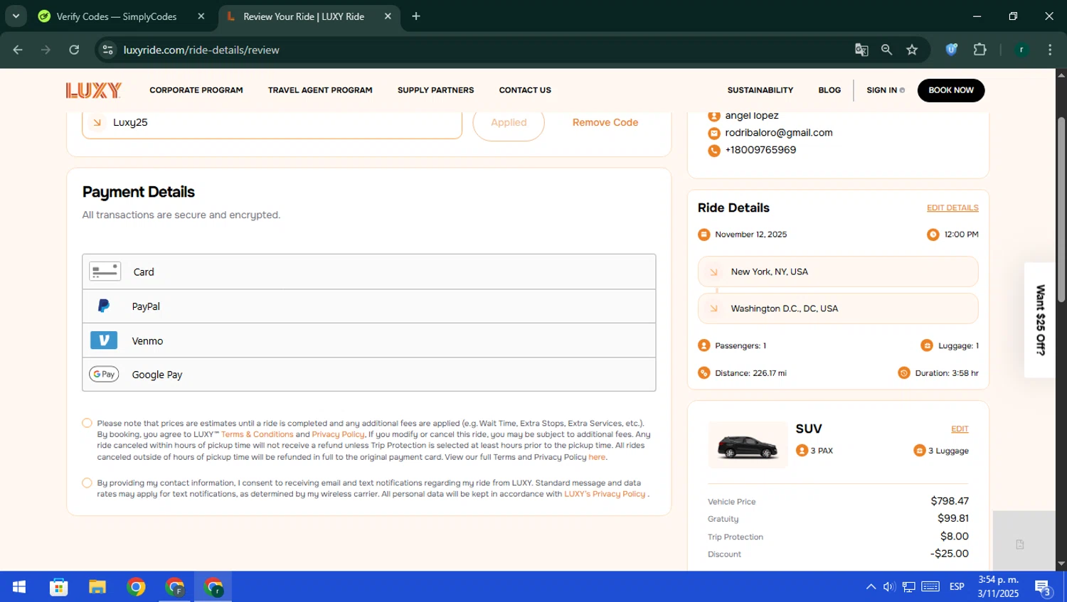 Luxy Ride promo code screenshot showing code Luxy25 applied at Luxy Ride checkout page. Uploaded by SimplyCodes community member rodri1 on Nov 3, 2025