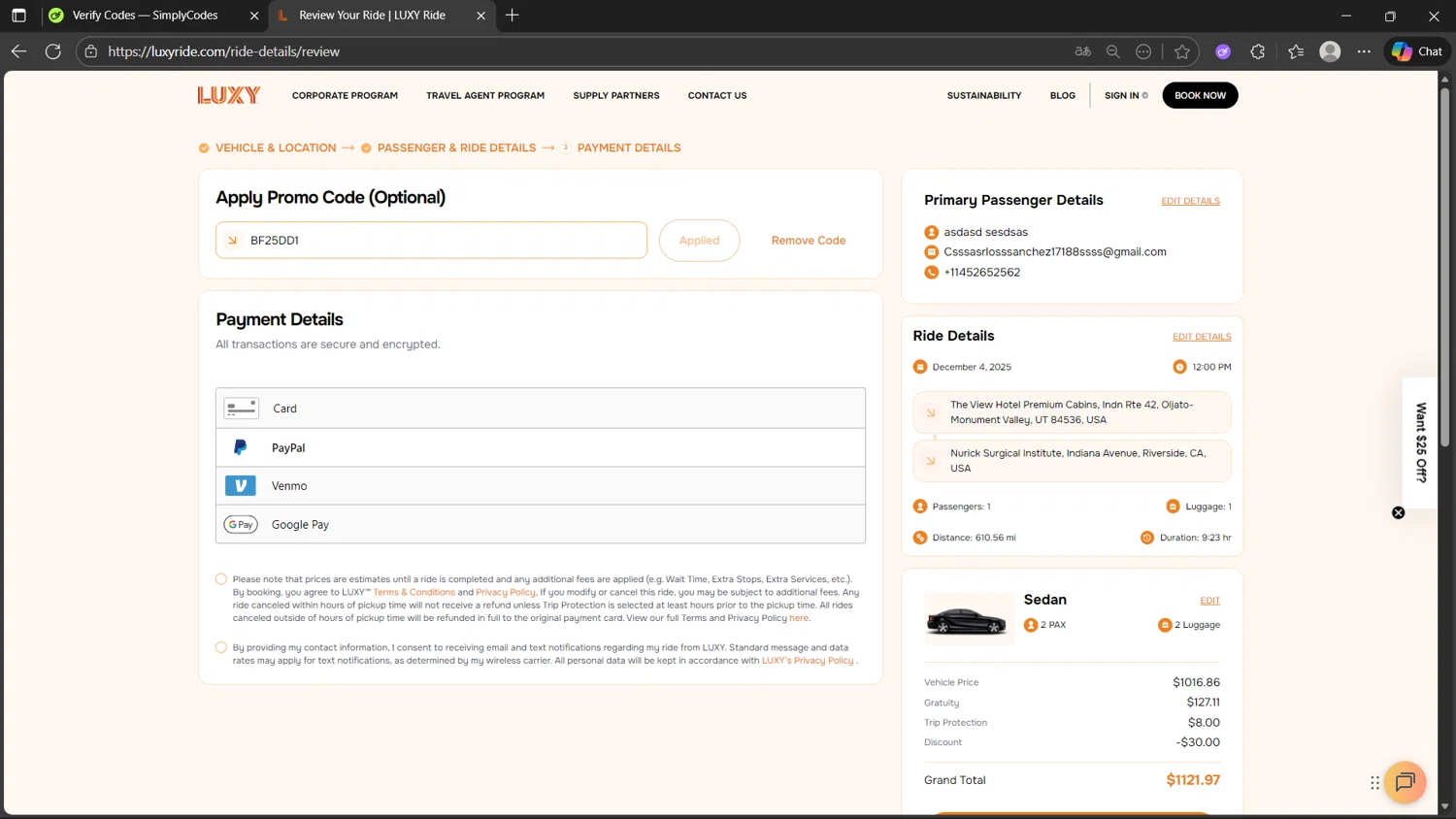 Luxy Ride checkout page showing Luxy Ride promo code box | Screenshot taken by SimplyCodes community member on Nov 22, 2025