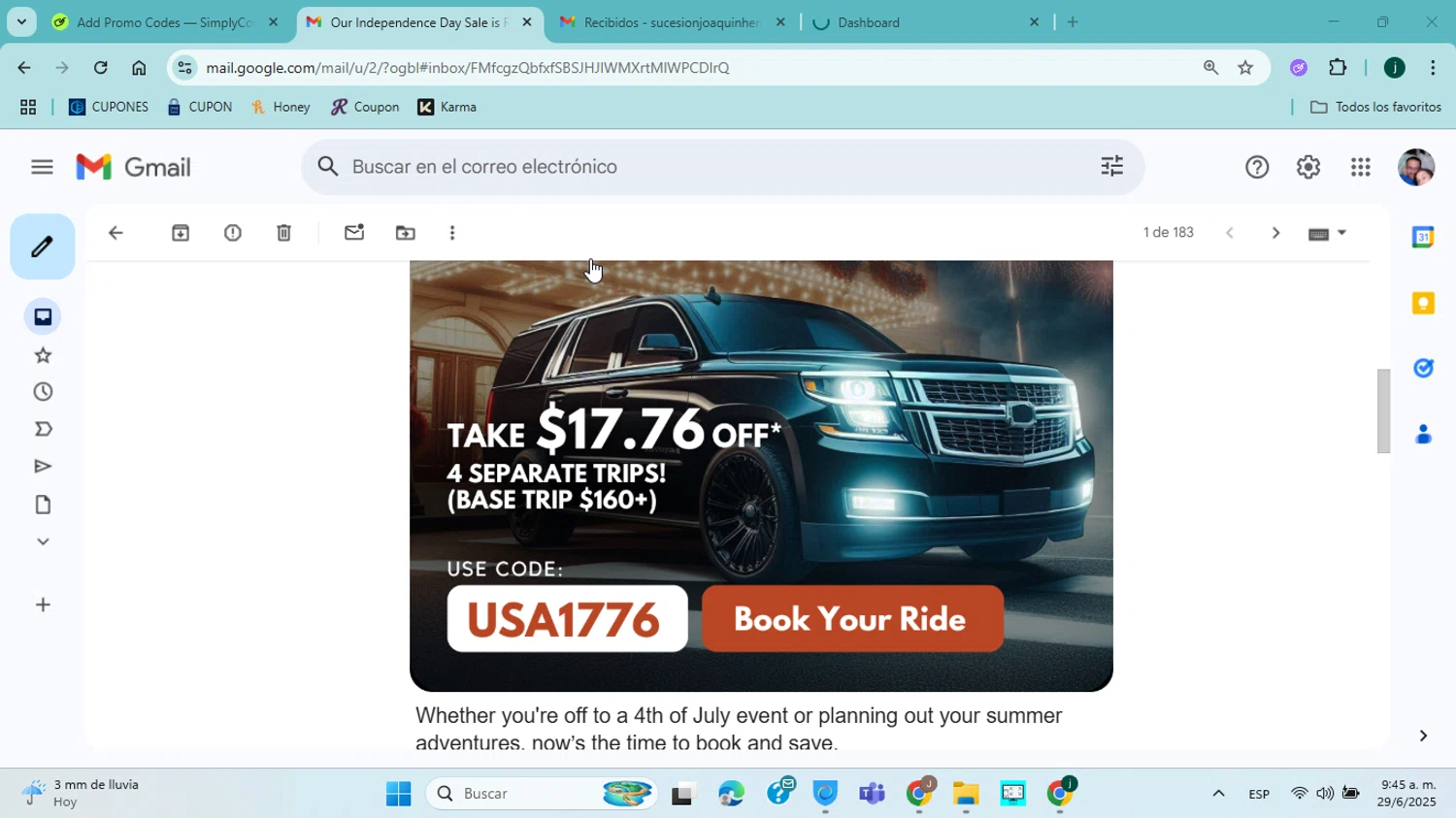 Luxy Ride promo code screenshot showing code USA1776 applied at Luxy Ride checkout page. Uploaded by SimplyCodes community member ABHF23 on Jun 29, 2025