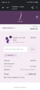 PRIME20 coupon verification screenshot