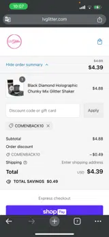 COMENBACK10 coupon verification screenshot