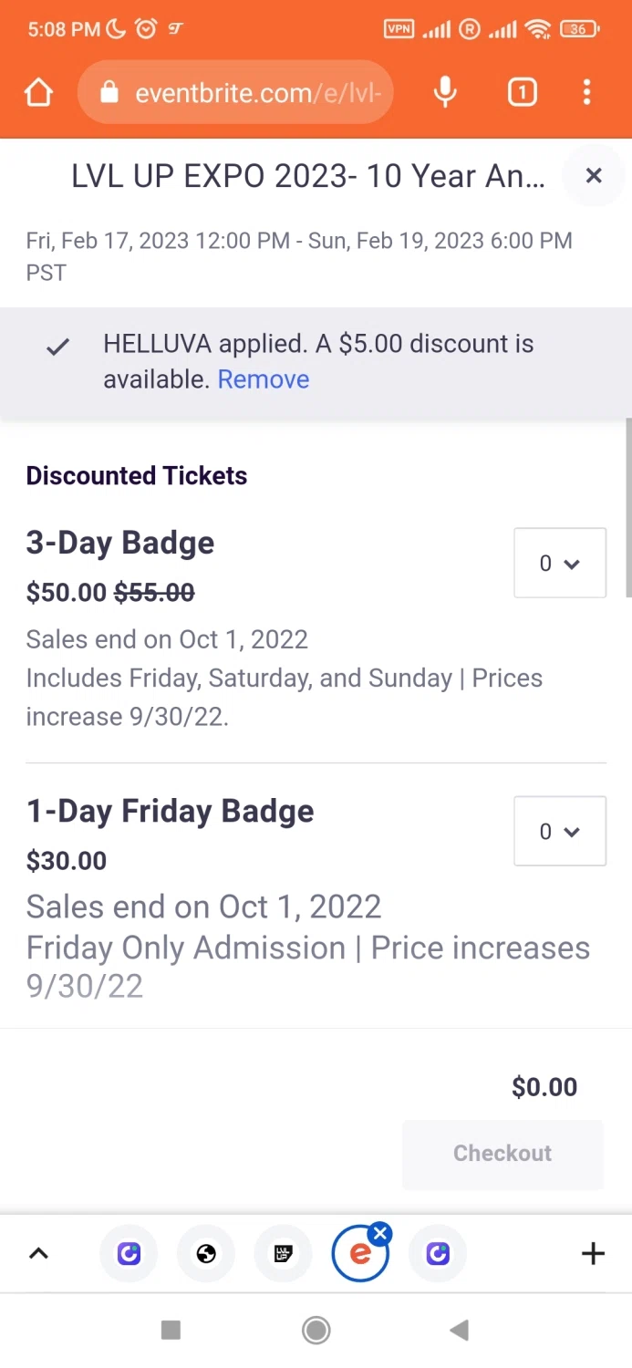 Lvl Up Expo checkout page showing Lvl Up Expo promo code box | Screenshot taken by SimplyCodes community member on Sep 8, 2022