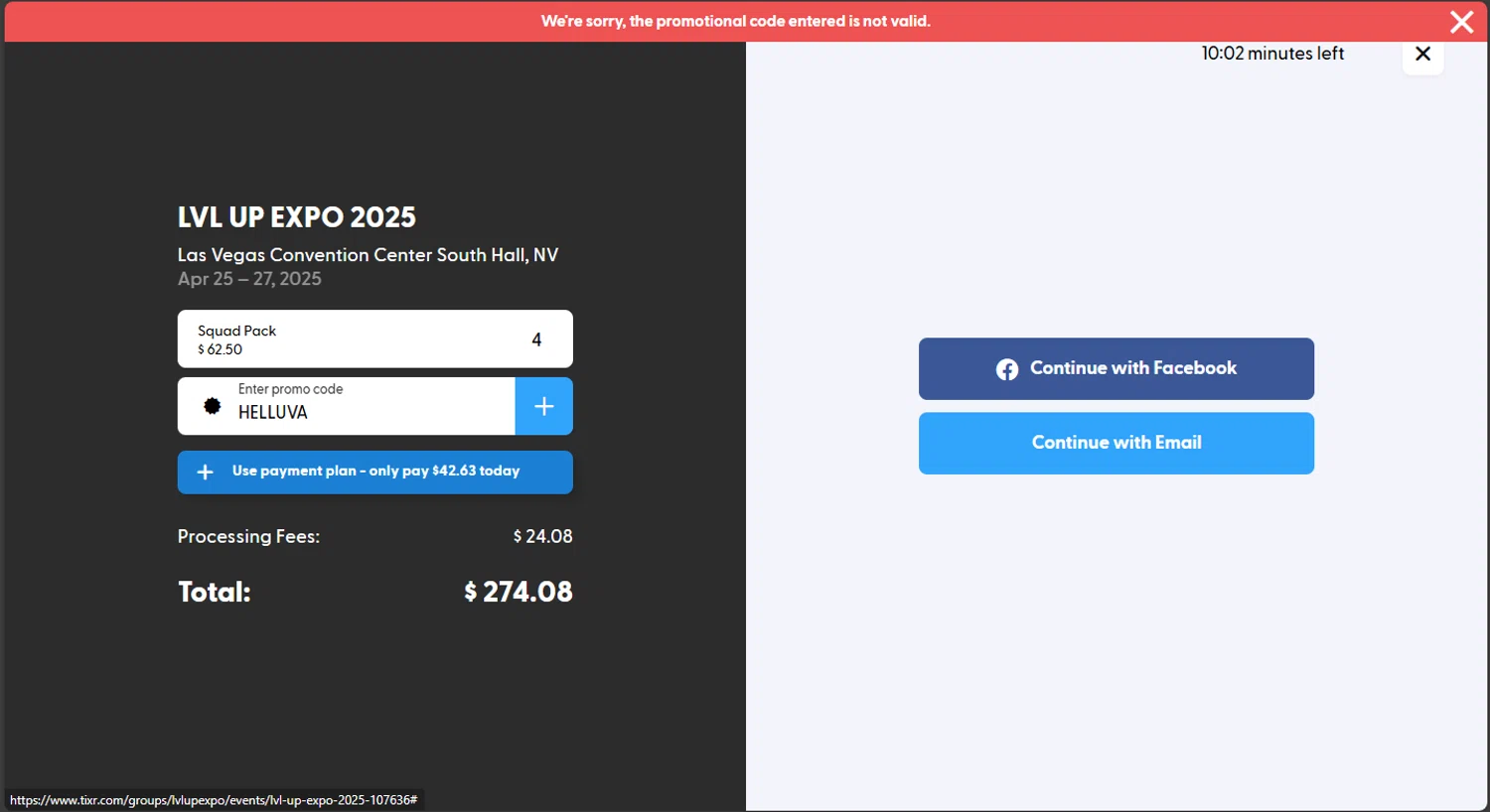 Lvl Up Expo promo code screenshot showing code HELLUVA applied at Lvl Up Expo checkout page. Uploaded by SimplyCodes community member CodeRanger4147 on Jan 1, 2025