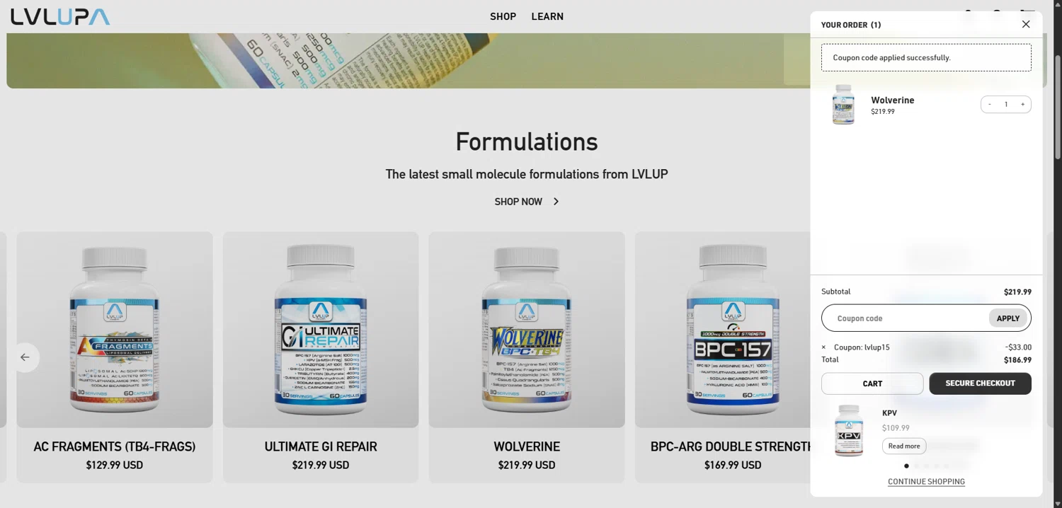 LVLUP Health checkout page showing LVLUP Health discount code box | Screenshot taken by SimplyCodes community member on Feb 11, 2026