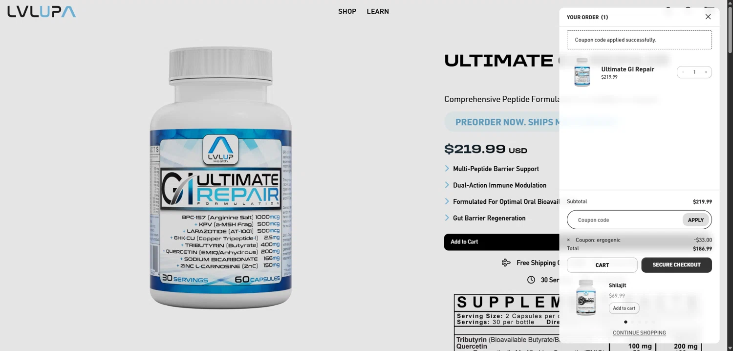 LVLUP Health checkout page showing LVLUP Health discount code box | Screenshot taken by SimplyCodes community member on Feb 11, 2026