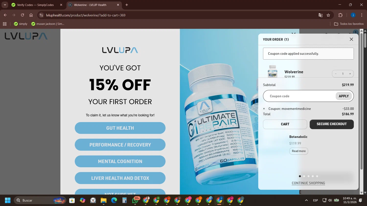 LVLUP Health checkout page showing LVLUP Health discount code box | Screenshot taken by SimplyCodes community member on Feb 11, 2026