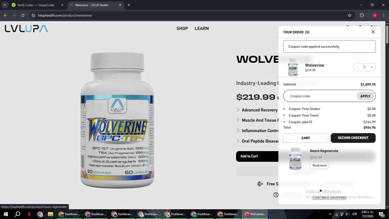 LVLUP Health discount code screenshot showing code jake10 applied at LVLUP Health checkout page. Uploaded by SimplyCodes community member BMWGS1200 on Feb 7, 2026
