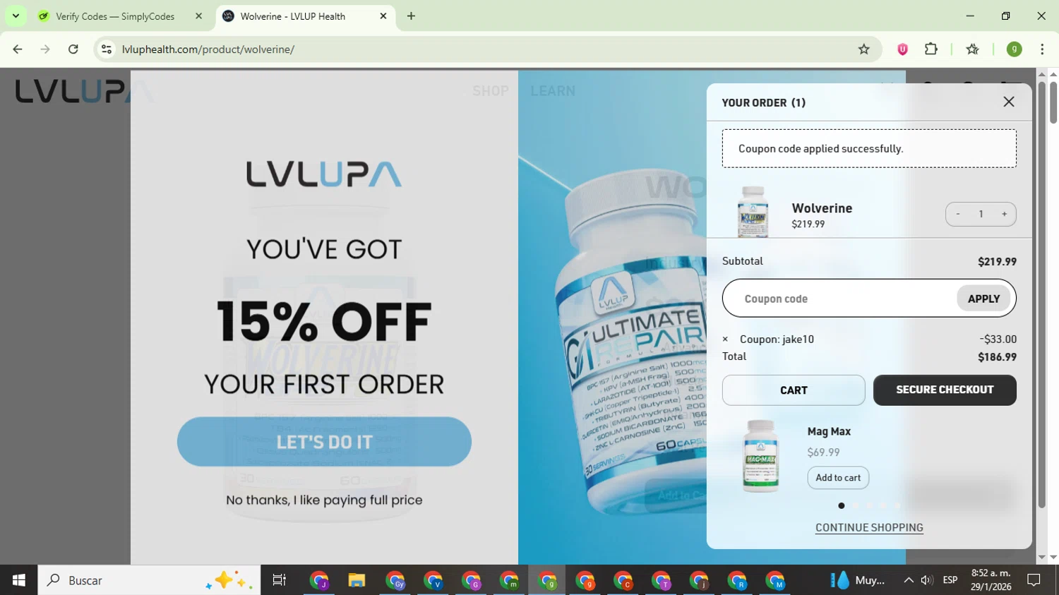 LVLUP Health discount code screenshot showing code jake10 applied at LVLUP Health checkout page. Uploaded by SimplyCodes community member ValiantMaestro6680 on Jan 29, 2026