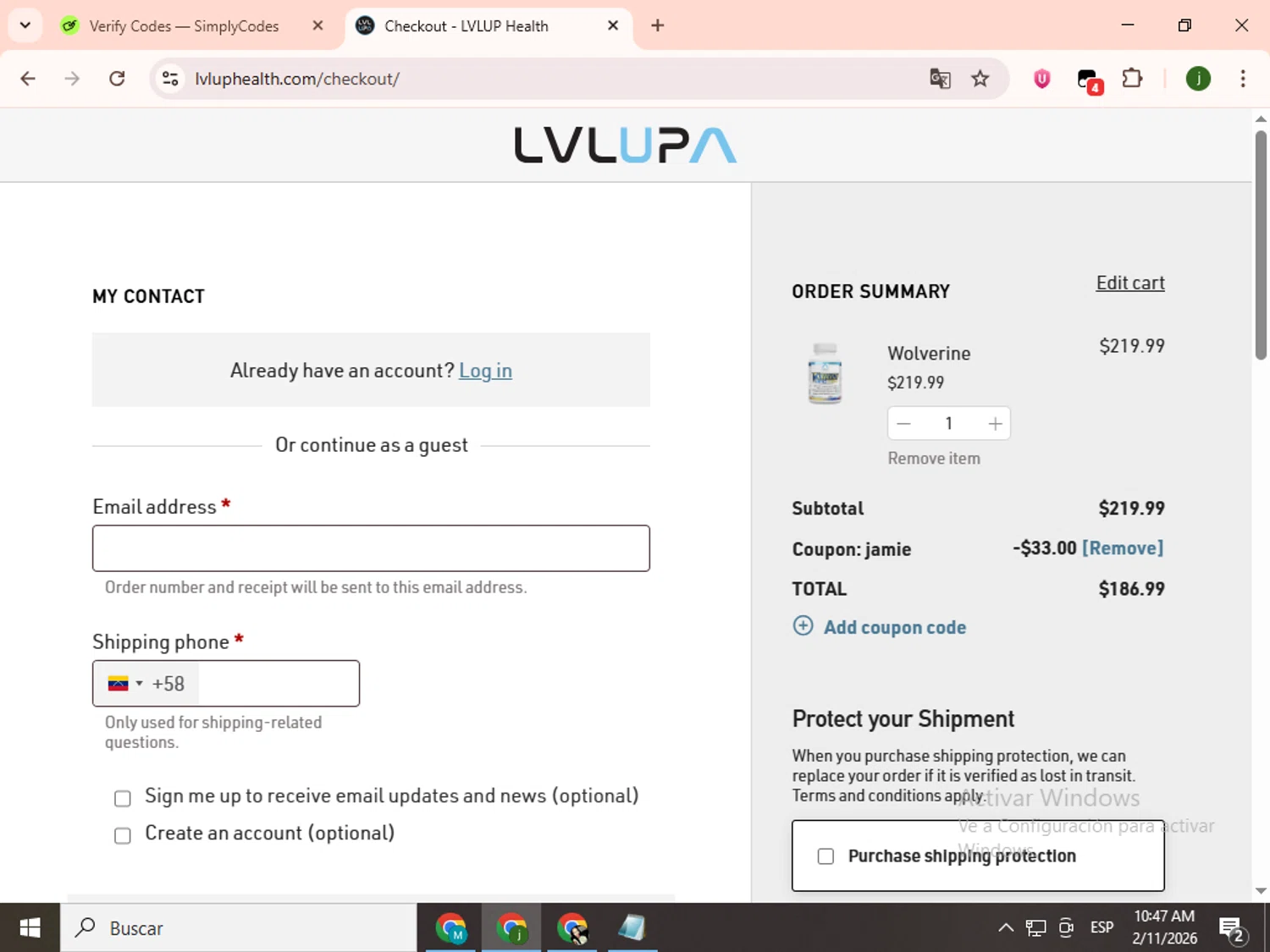 LVLUP Health checkout page showing LVLUP Health discount code box | Screenshot taken by SimplyCodes community member on Feb 11, 2026