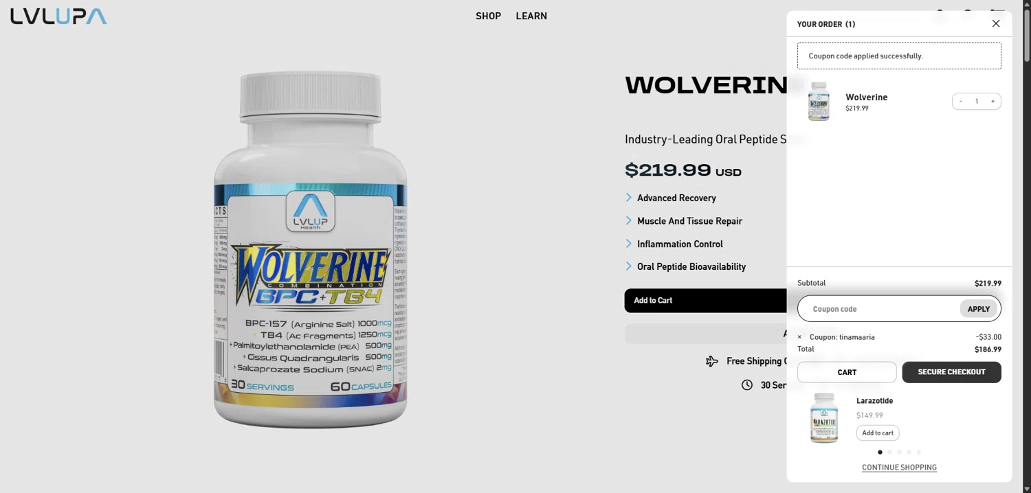 LVLUP Health checkout page showing LVLUP Health discount code box | Screenshot taken by SimplyCodes community member on Feb 11, 2026