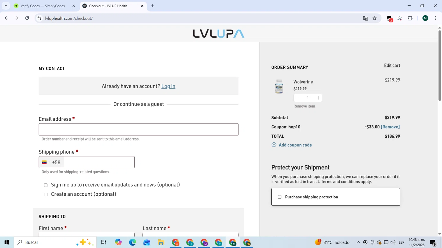 LVLUP Health checkout page showing LVLUP Health discount code box | Screenshot taken by SimplyCodes community member on Feb 11, 2026
