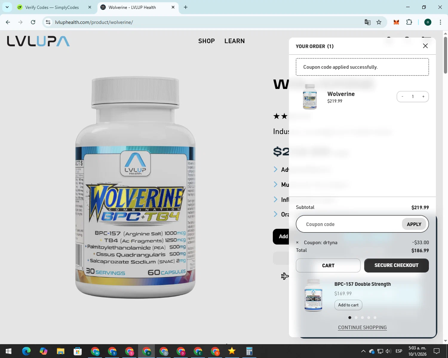 LVLUP Health discount code screenshot showing code DRTYNA applied at LVLUP Health checkout page. Uploaded by SimplyCodes community member 00000056 on Jan 10, 2026