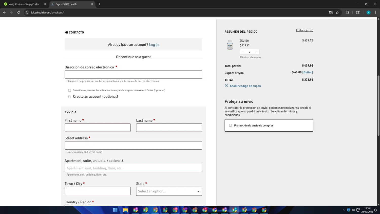 LVLUP Health discount code screenshot showing code DRTYNA applied at LVLUP Health checkout page. Uploaded by SimplyCodes community member BrilliantGuardian2105 on Dec 20, 2025