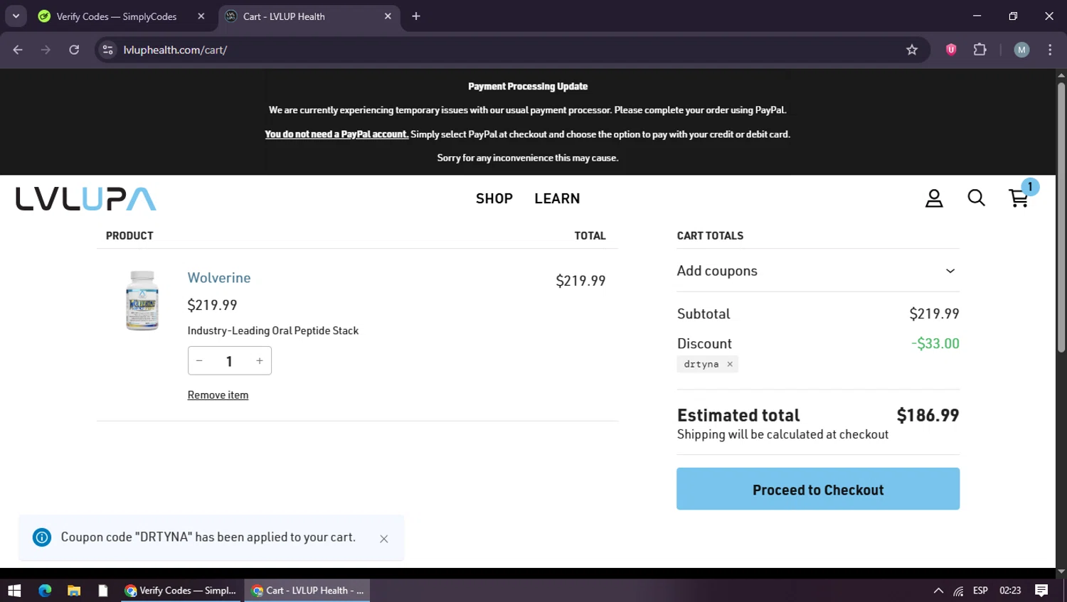 LVLUP Health discount code screenshot showing code DRTYNA applied at LVLUP Health checkout page. Uploaded by SimplyCodes community member maraxo on Dec 26, 2025