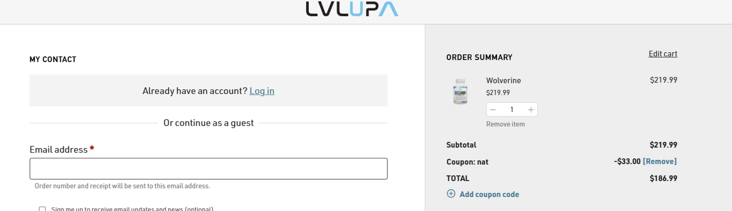 LVLUP Health discount code screenshot showing code NAT applied at LVLUP Health checkout page. Uploaded by SimplyCodes community member PrimeFalcon5548 on Dec 13, 2025