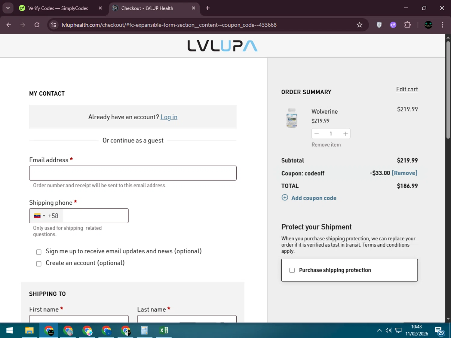 LVLUP Health checkout page showing LVLUP Health discount code box | Screenshot taken by SimplyCodes community member on Feb 11, 2026
