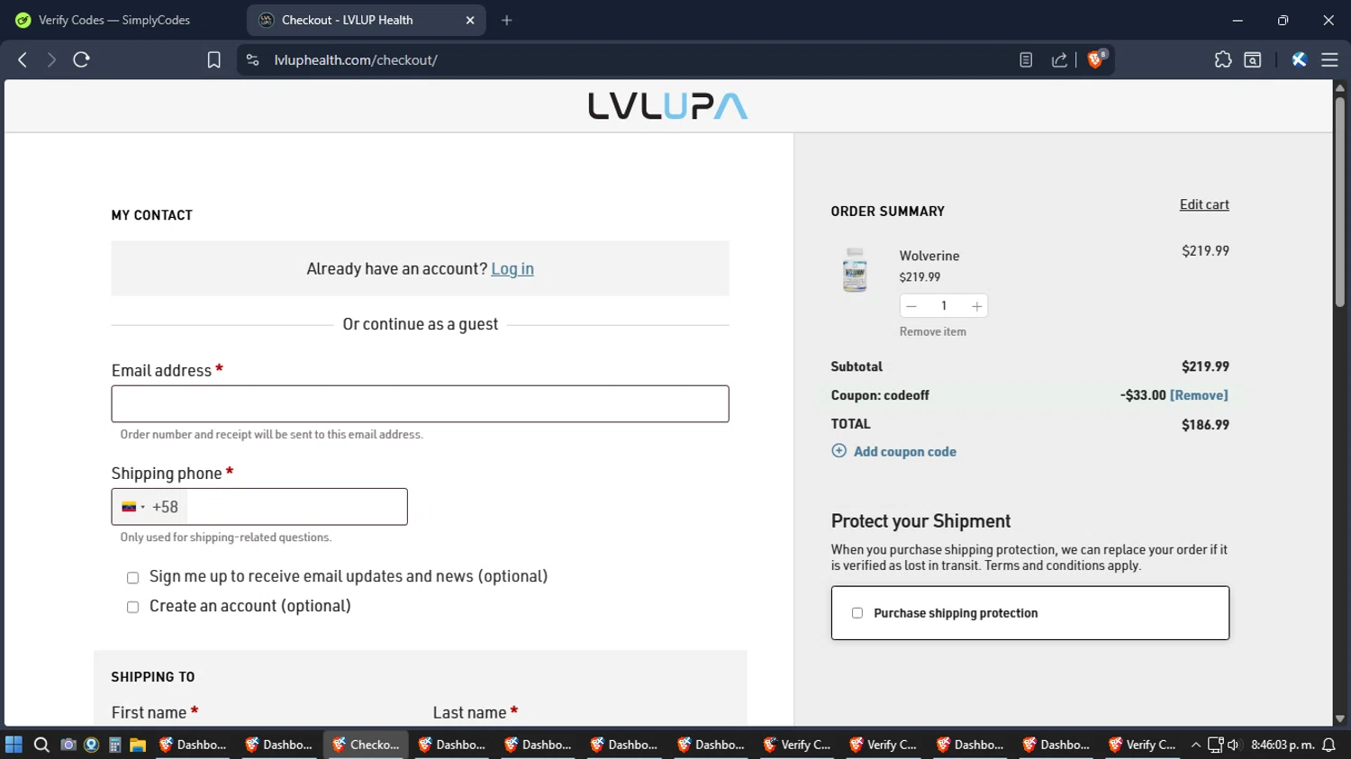 LVLUP Health discount code screenshot showing code codeoff applied at LVLUP Health checkout page. Uploaded by SimplyCodes community member Jgomez on Feb 3, 2026