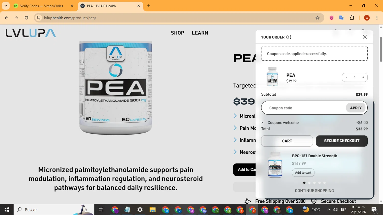 LVLUP Health discount code screenshot showing code welcome applied at LVLUP Health checkout page. Uploaded by SimplyCodes community member Playstatiton2 on Jan 20, 2026