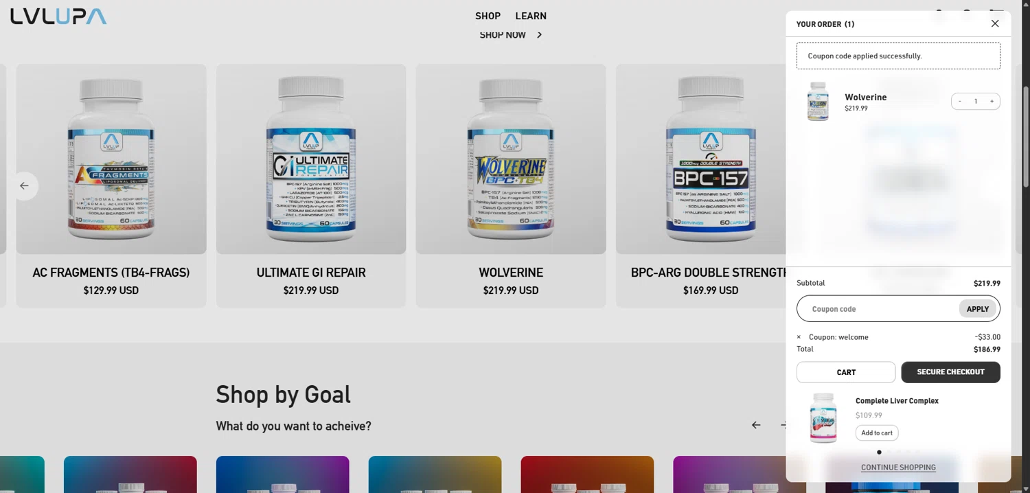 LVLUP Health checkout page showing LVLUP Health discount code box | Screenshot taken by SimplyCodes community member on Feb 11, 2026