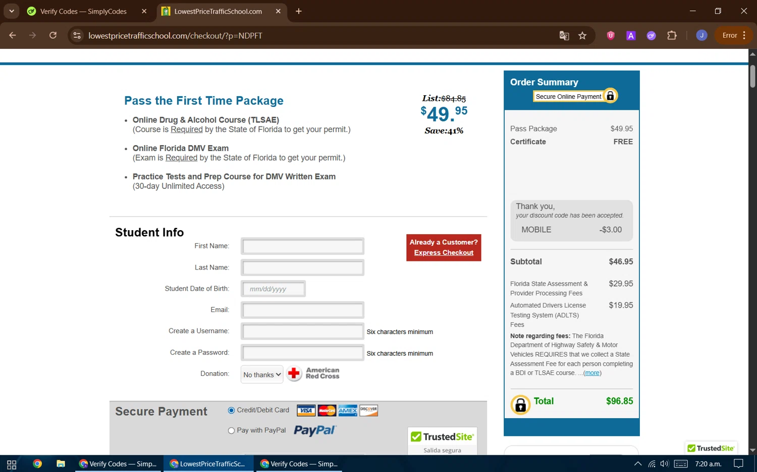 Lowest Price Traffic School checkout page showing Lowest Price Traffic School coupon code box | Screenshot taken by SimplyCodes community member on Jul 29, 2025