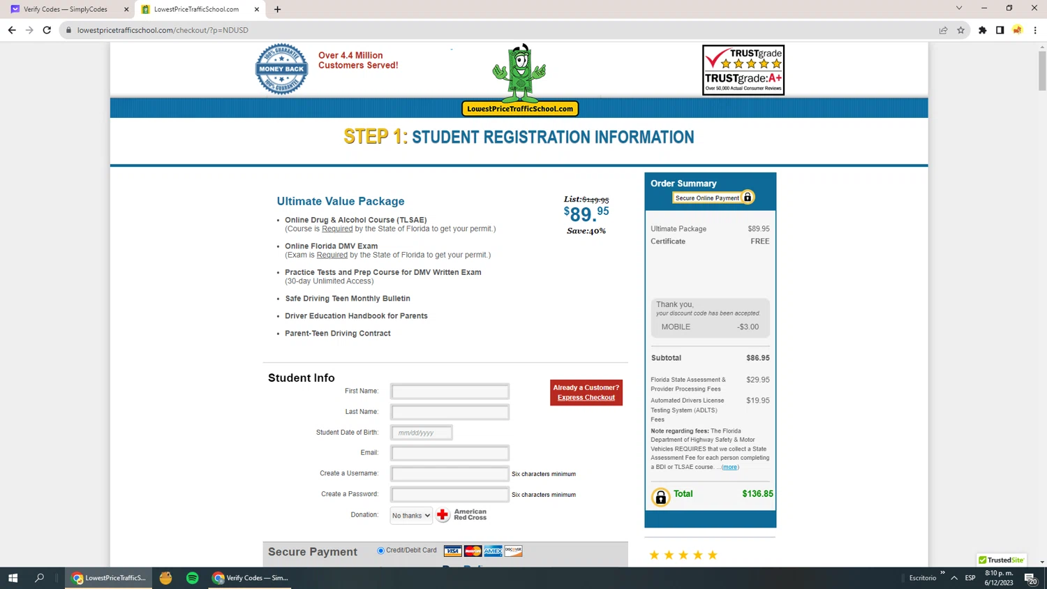 where to use Lowest Price Traffic School promo code box