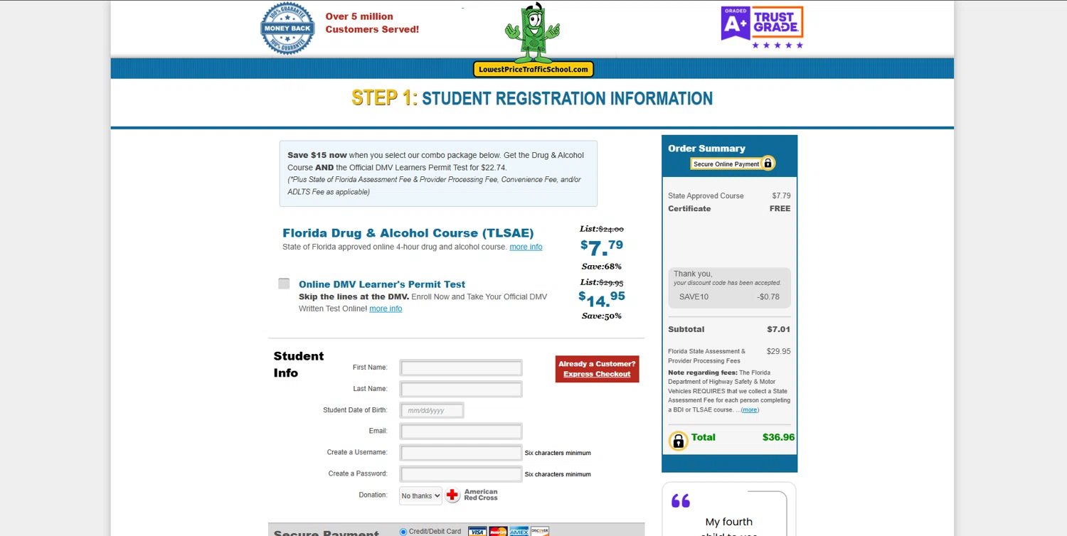 Lowest Price Traffic School coupon code screenshot showing code SAVE10 applied at Lowest Price Traffic School checkout page. Uploaded by SimplyCodes community member SmartChaser6420 on Jun 22, 2025