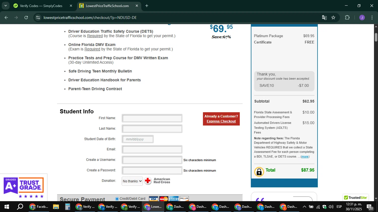 Lowest Price Traffic School coupon code screenshot showing code SAVE10 applied at Lowest Price Traffic School checkout page. Uploaded by SimplyCodes community member sniderjack453 on Nov 30, 2025