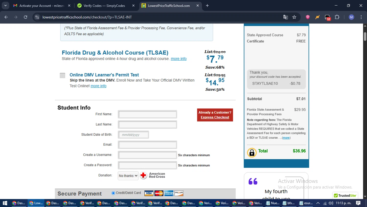 Lowest Price Traffic School checkout page showing Lowest Price Traffic School coupon code box | Screenshot taken by SimplyCodes community member on Jun 29, 2025