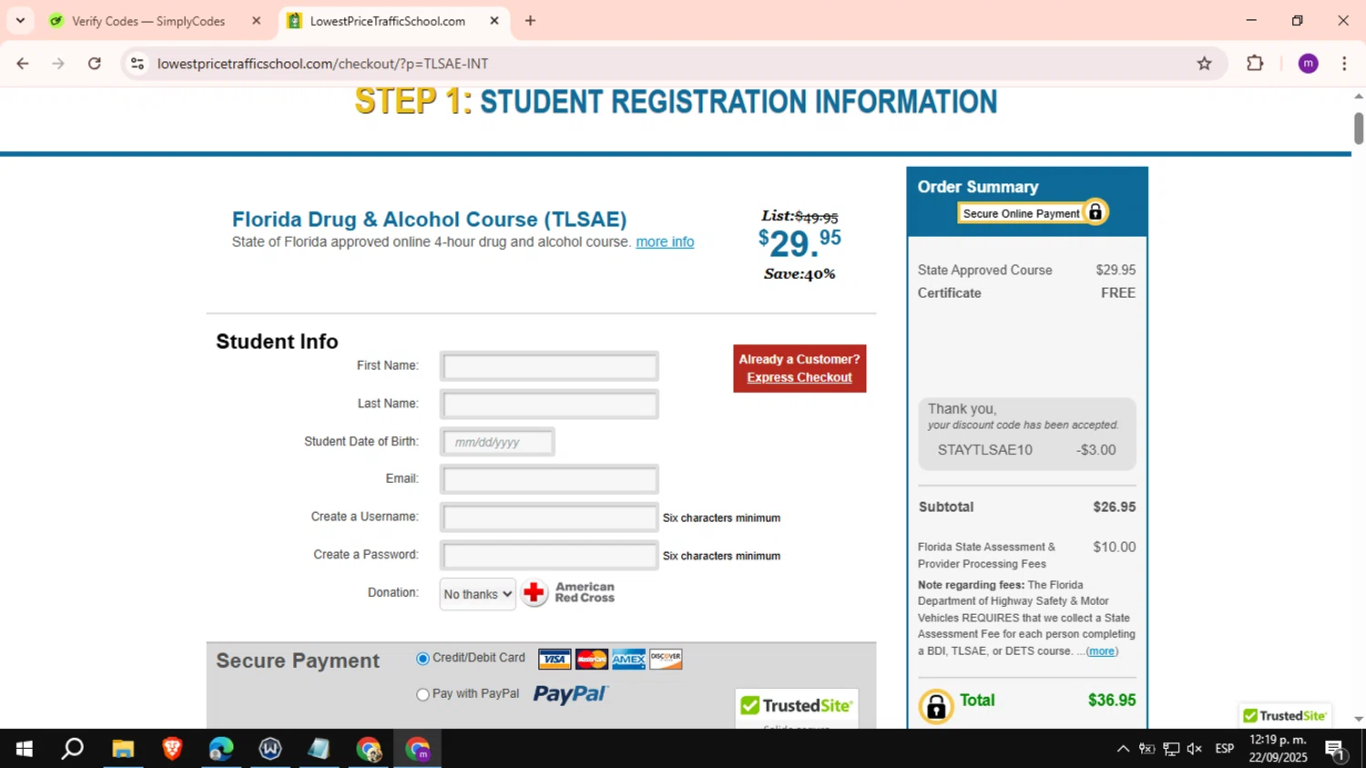 Lowest Price Traffic School checkout page showing Lowest Price Traffic School coupon code box | Screenshot taken by SimplyCodes community member on Sep 22, 2025