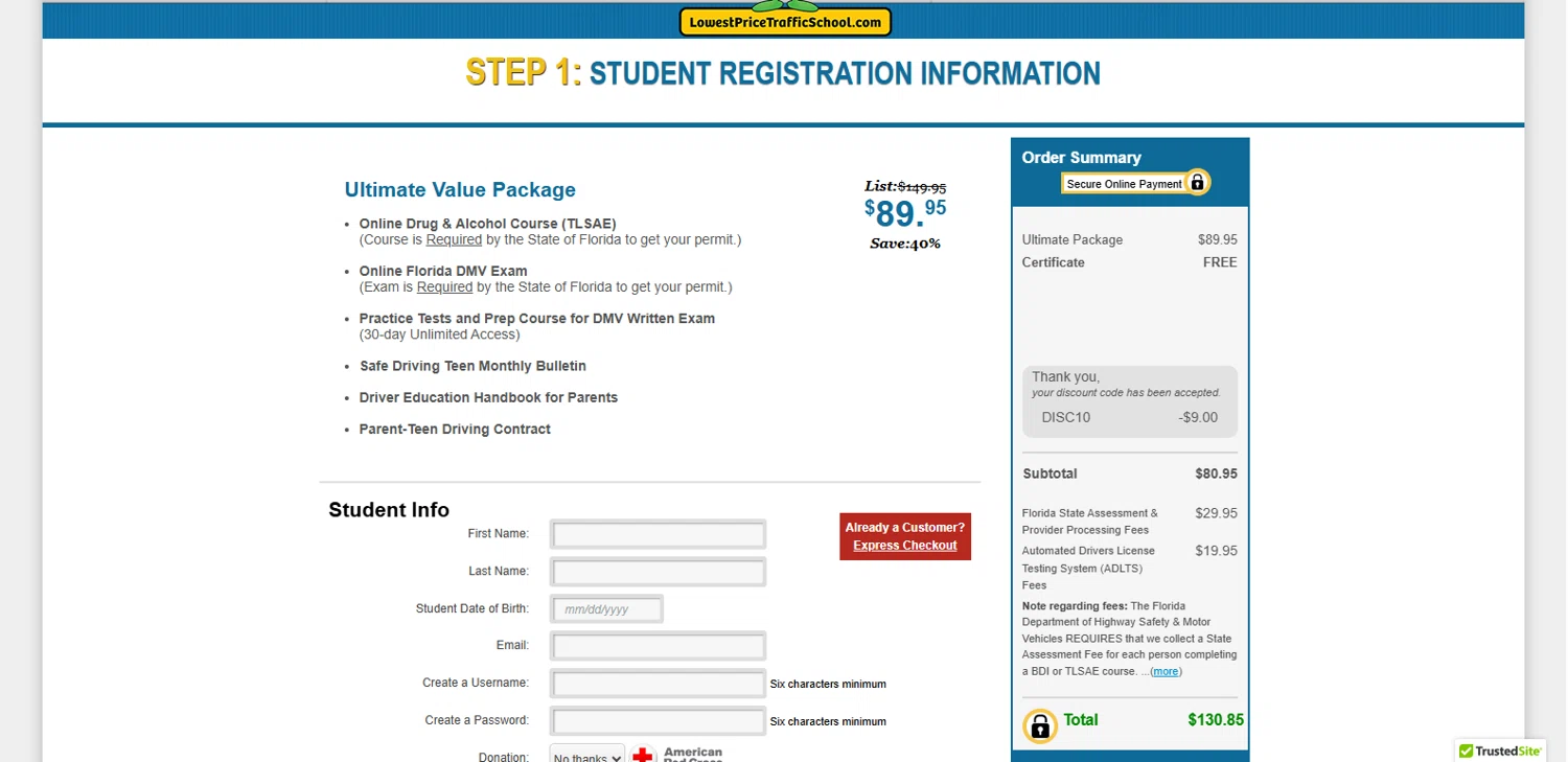 Lowest Price Traffic School coupon code screenshot showing code DISC10 applied at Lowest Price Traffic School checkout page. Uploaded by SimplyCodes community member Alydrop on Jun 29, 2025