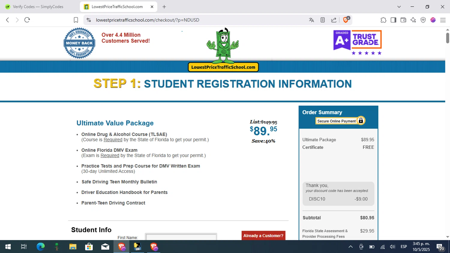 Lowest Price Traffic School coupon code screenshot showing code DISC10 applied at Lowest Price Traffic School checkout page. Uploaded by SimplyCodes community member Pitochu on May 10, 2025