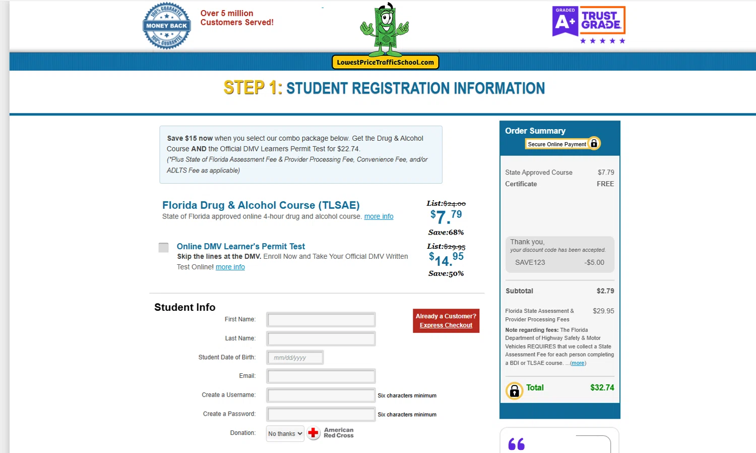 Lowest Price Traffic School coupon code screenshot showing code SAVE123 applied at Lowest Price Traffic School checkout page. Uploaded by SimplyCodes community member Kmacho on Jul 1, 2025