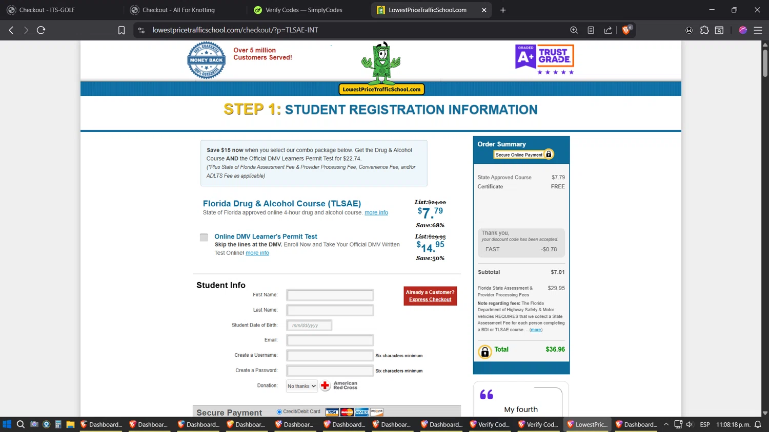 Lowest Price Traffic School coupon code screenshot showing code FAST applied at Lowest Price Traffic School checkout page. Uploaded by SimplyCodes community member Sesshomaru on Jun 29, 2025