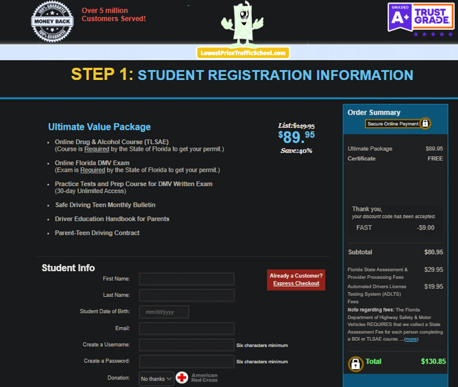 Lowest Price Traffic School coupon code screenshot showing code FAST applied at Lowest Price Traffic School checkout page. Uploaded by SimplyCodes community member SpiderGwen on Jun 22, 2025