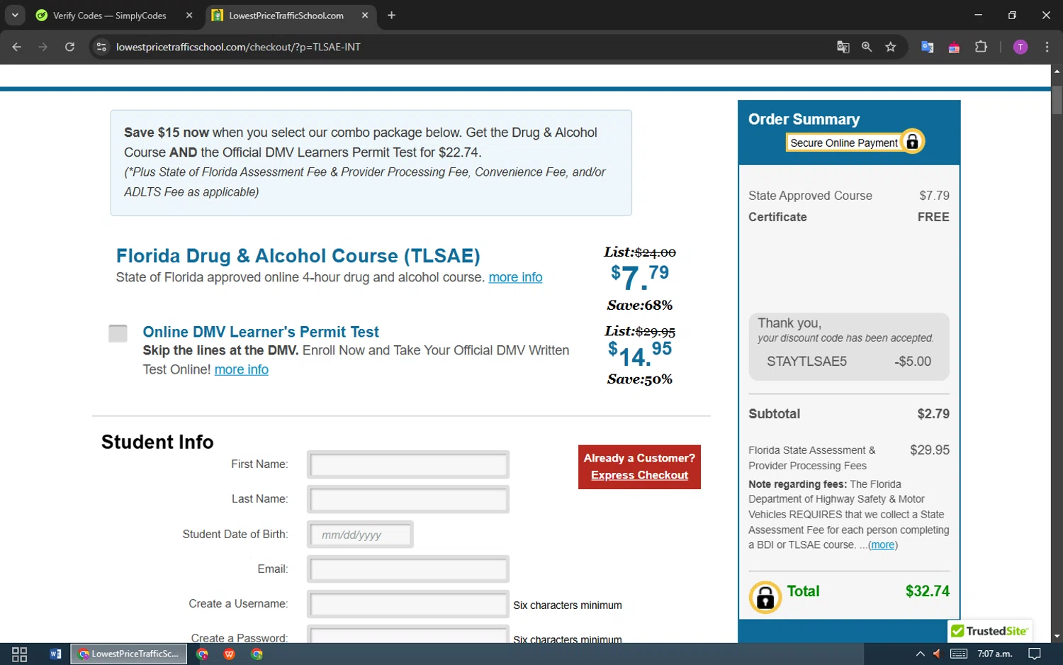 Lowest Price Traffic School coupon code screenshot showing code STAYTLSAE5 applied at Lowest Price Traffic School checkout page. Uploaded by SimplyCodes community member CodeMonarch3919 on Jan 22, 2025