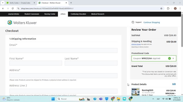 LWW Store checkout page showing LWW Store promo code box | Screenshot taken by SimplyCodes community member on May 27, 2025